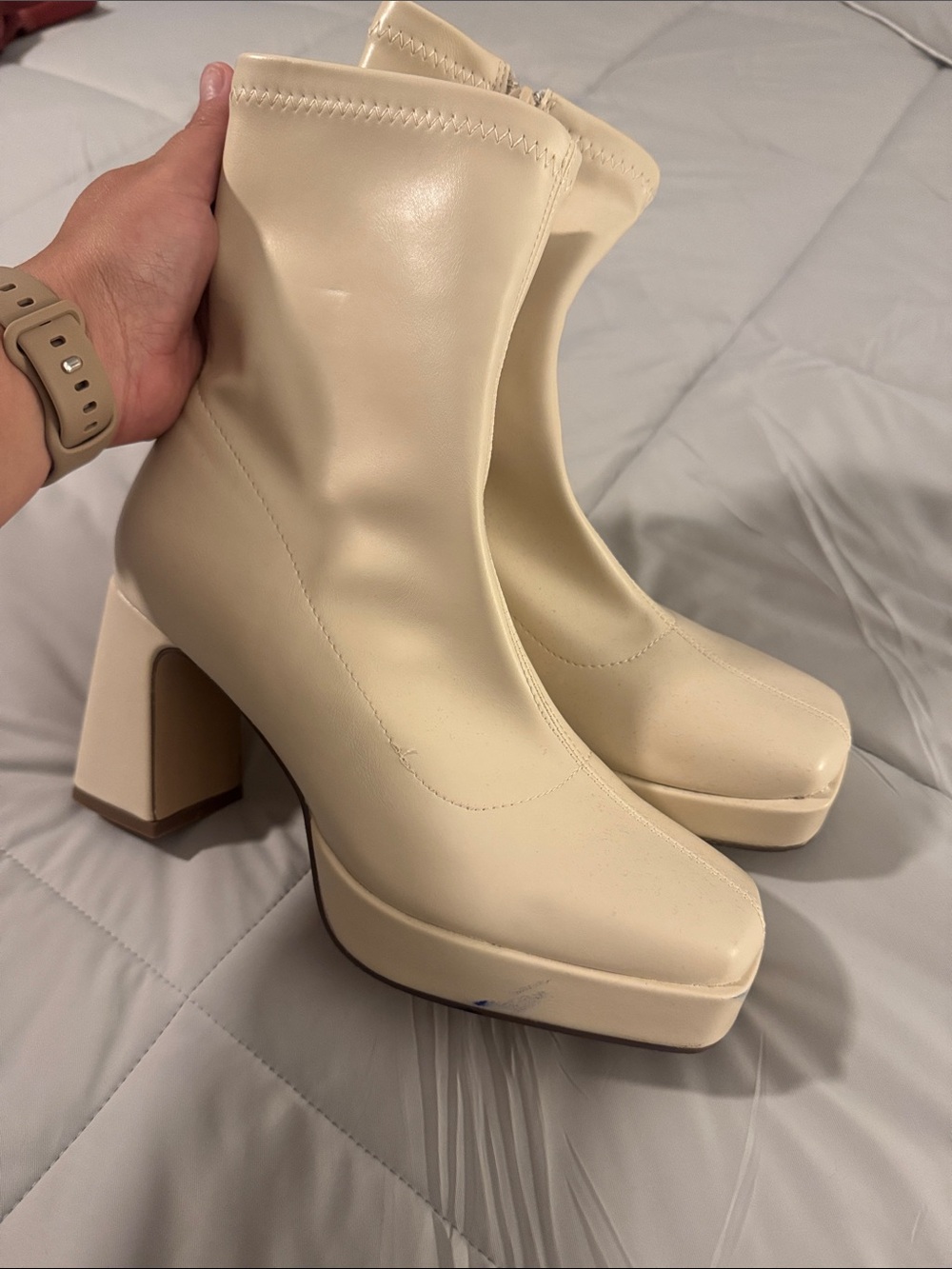 Pink Lily Cream Platform Block Heel Ankle Boots